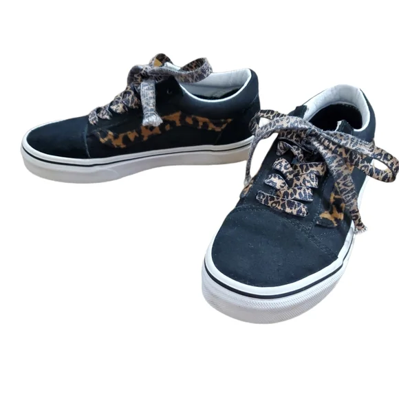 Vans Child Old Skool Black Leopard Fur Skate Shoe - Picture 3 of 13